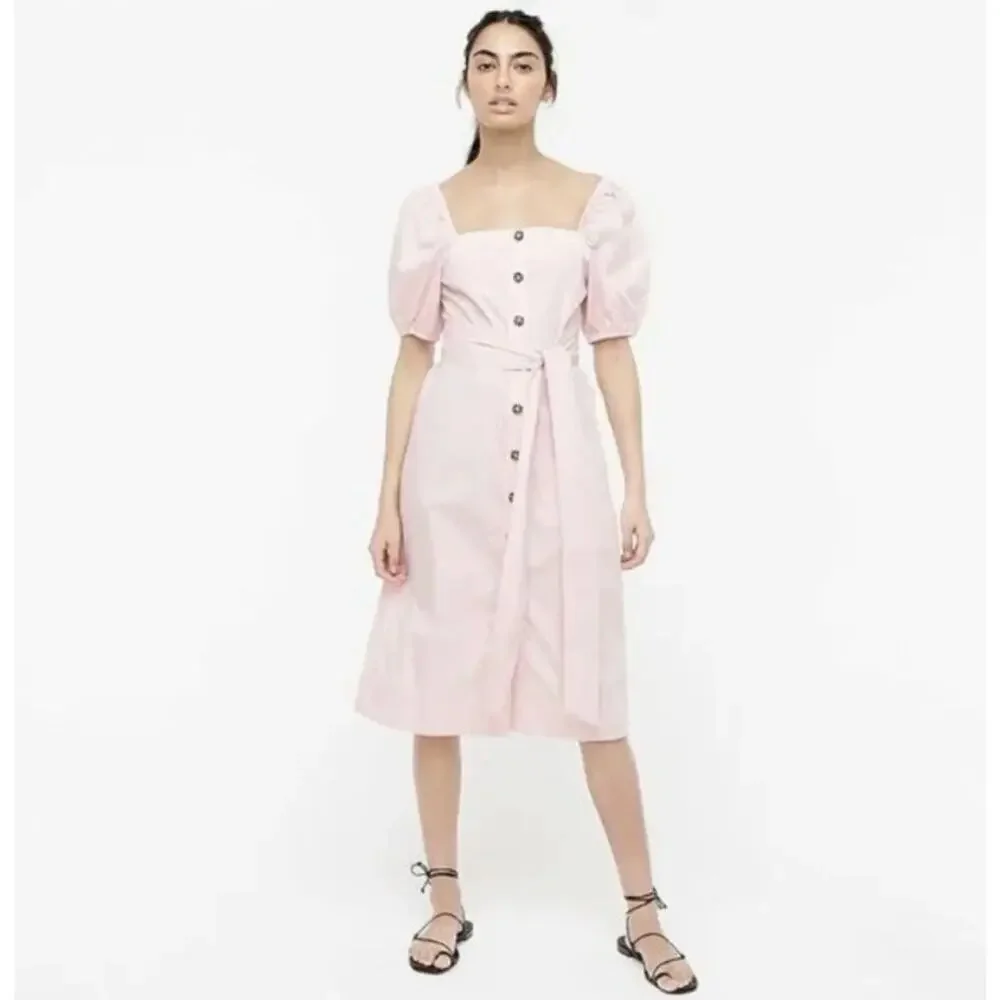 J.Crew Pink Cotton Midi Dress L Puff Sleeve Square Neck Button Front Cottagecore